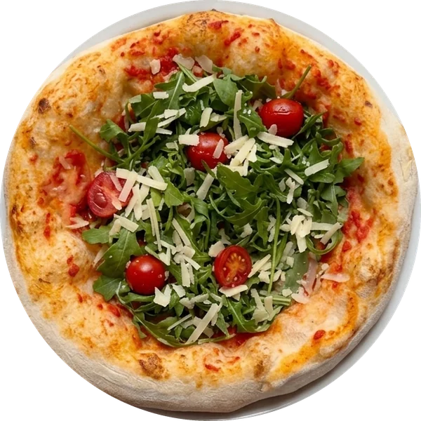 Pizza mit Rucola, Kirschtomaten und Grana Padano